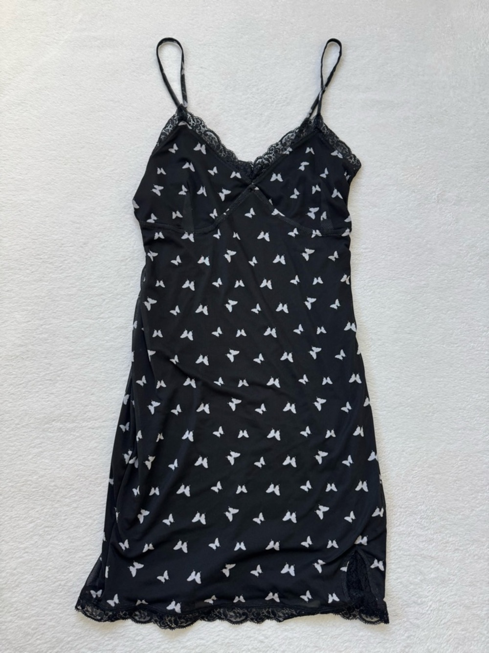 Wild Fable Y2K Black Slip Dress with White Butterfly Print and Lace Trim